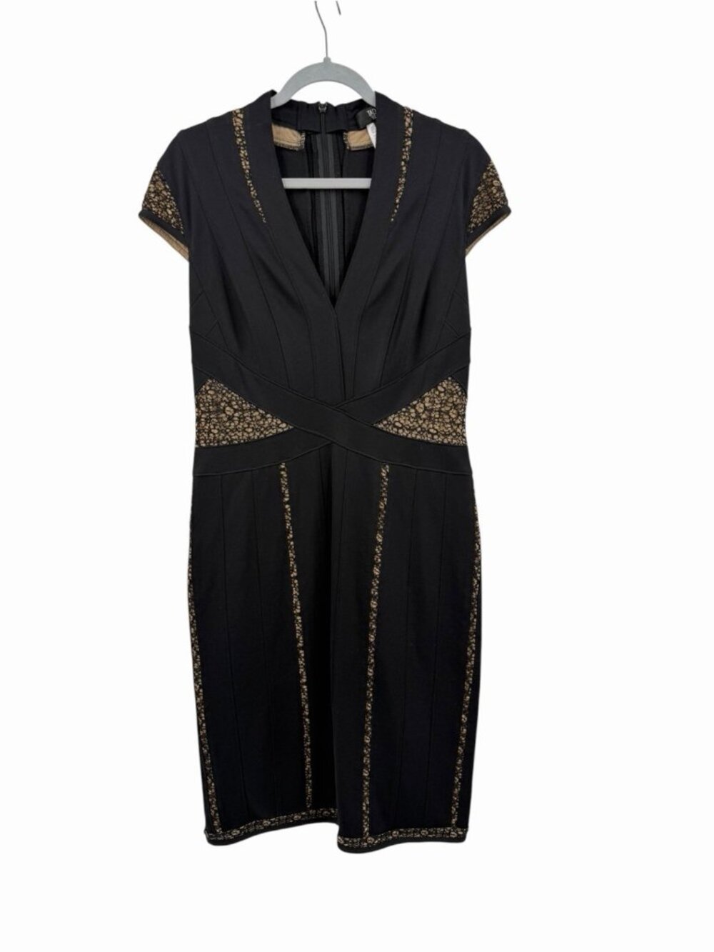 TADASHI COLLECTION Womenโs Black/Nude Lace Overlay Sheath Cap Sleeve Dress Large